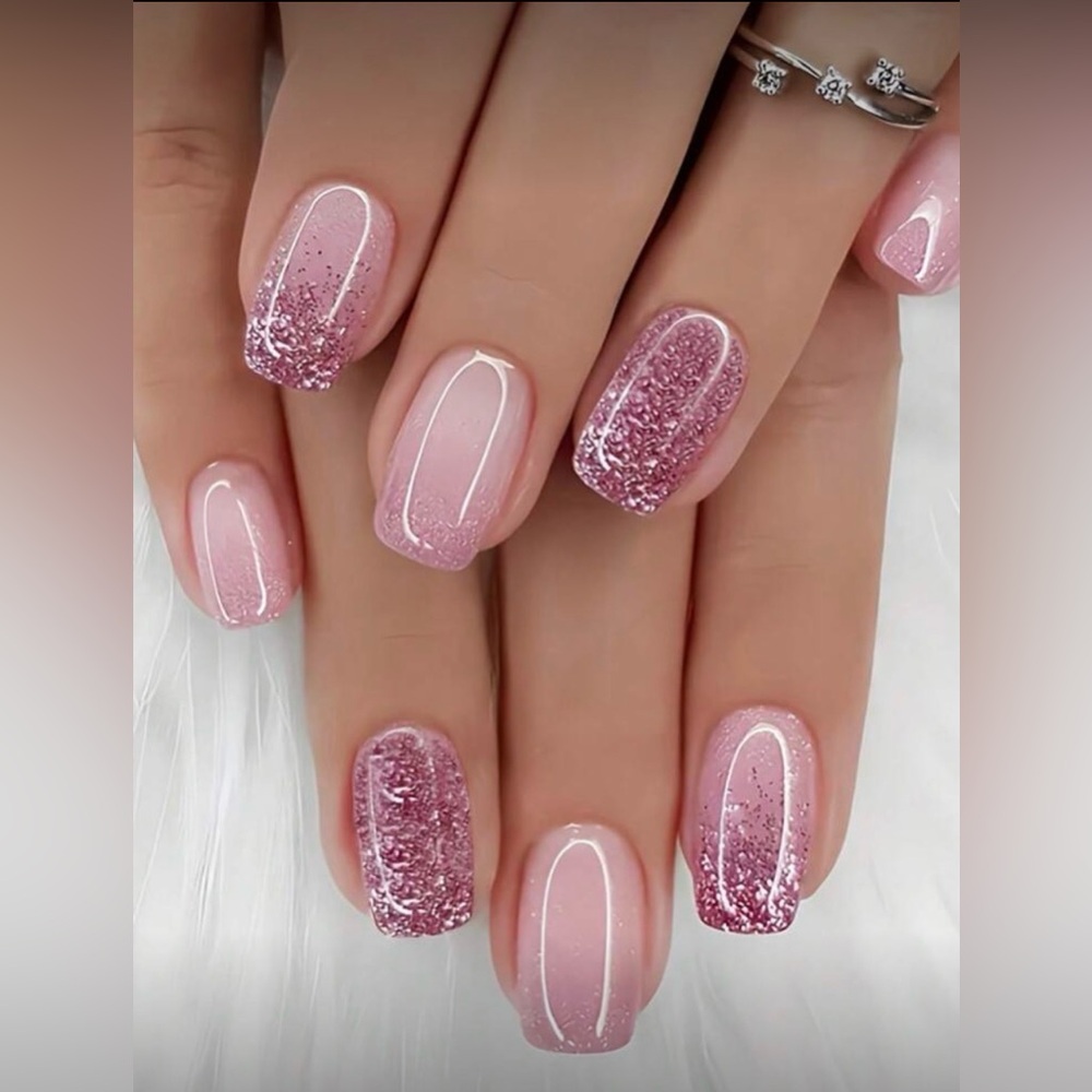 Pink, Plum & Silver Glitter Medium Square Nail Kit | Press-On | New